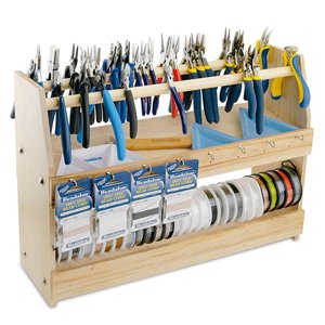 Wooden Beading Station, 8 Hooks, 2 Trays, 1 Rack, Dowels for Spooled Wire, 17.75 x 5.75 x 13 in / 45 x 14.6 x 33 cm, Supplies Not Included